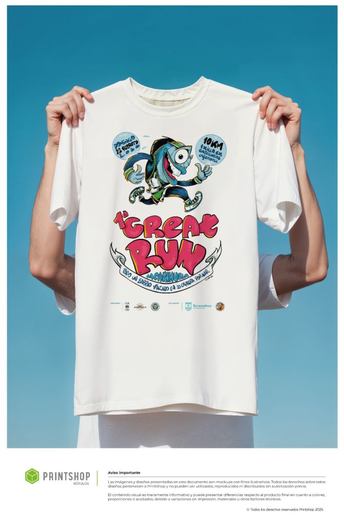 Camiseta oficial de la Great Run Carihuela 2026 con diseño del evento en Torremolinos