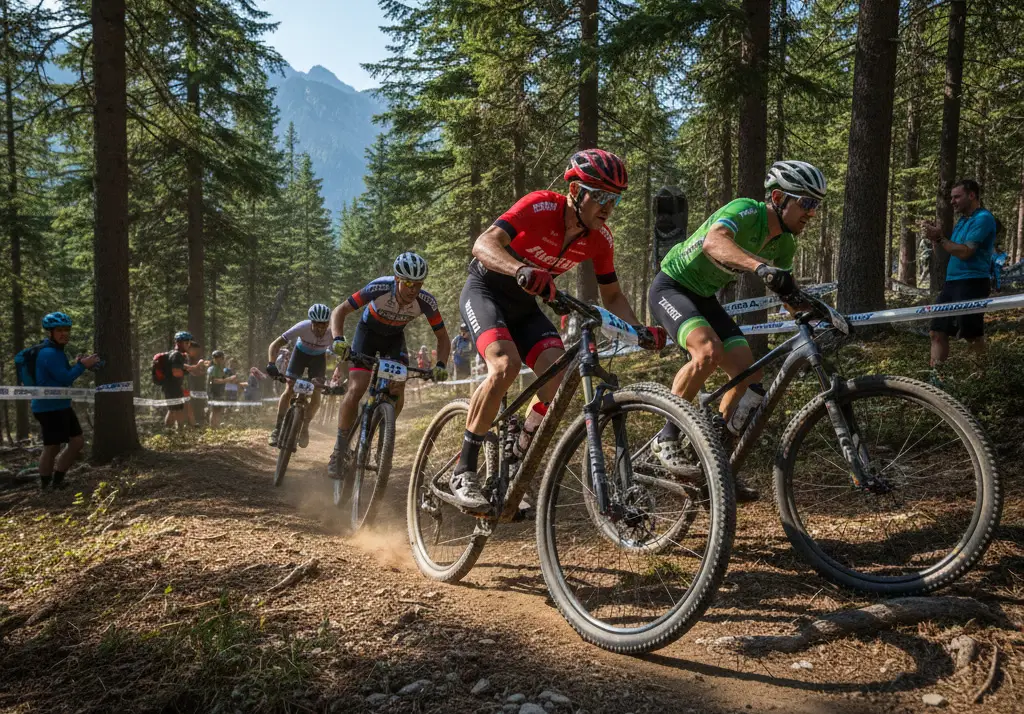Carrera de ciclismo de montaña en competición con varios ciclistas en un circuito forestal
