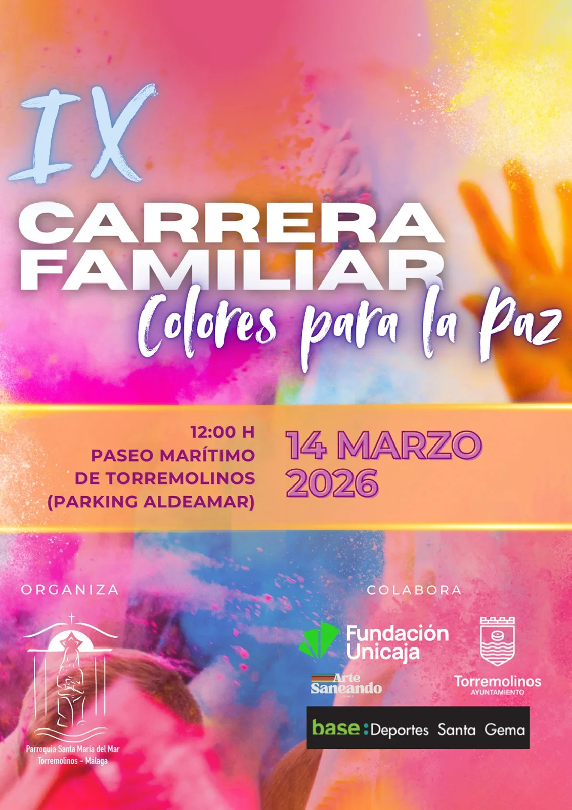 Cartel oficial de la IX Carrera Familiar Colores para la Paz, 14 de marzo de 2026 en el Paseo Marítimo de Torremolinos