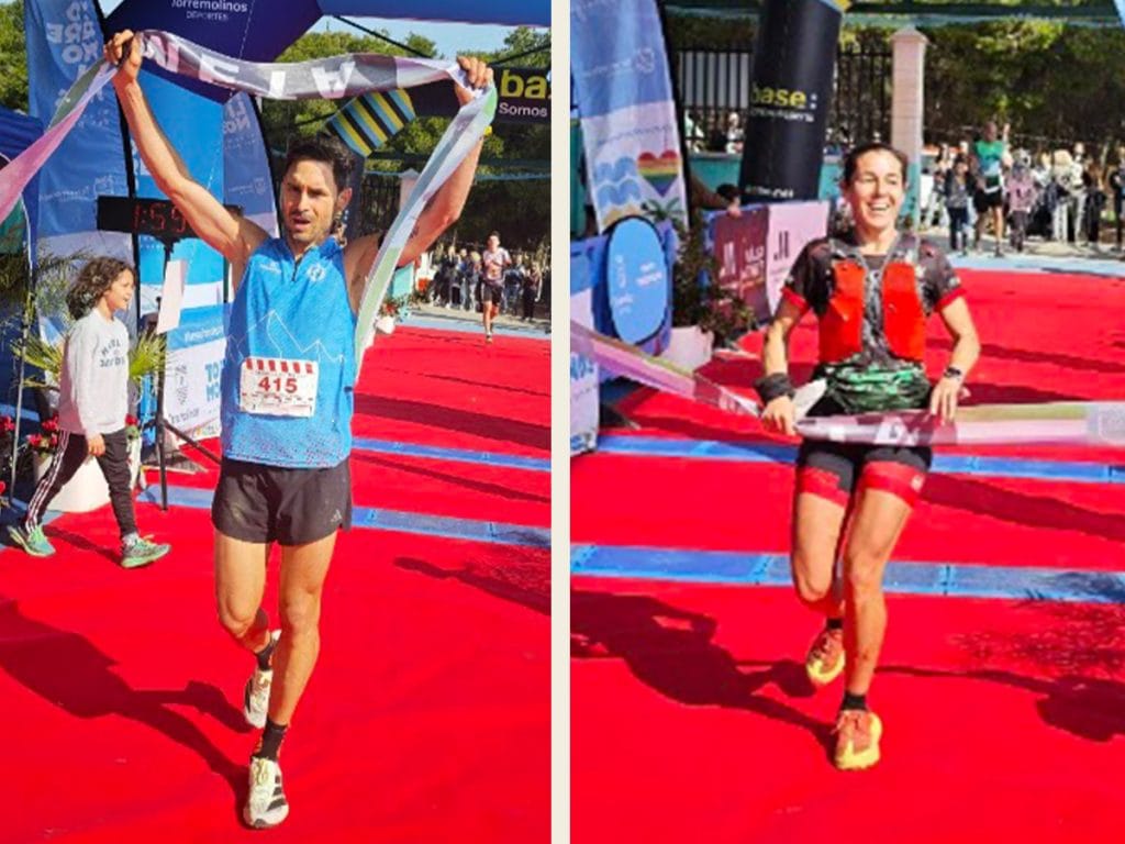 Entrada en meta de Víctor Manuel Andreu Alvarado y Elisabet Peláez, ganadores del 21K del III CxM Trail Cañada del Lobo 2026 en Torremolinos