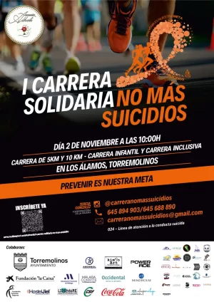 Cartel de la I Carrera Solidaria No más Suicidios 2025 en Torremolinos