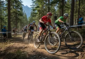 Carrera de ciclismo de montaña en competición con varios ciclistas en un circuito forestal