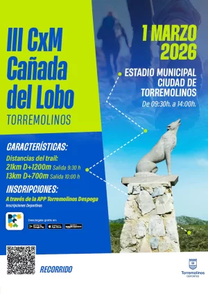Cartel del III CxM Trail Cañada del Lobo en Torremolinos, con fecha 1 de marzo de 2026 y la escultura del lobo sobre un pedestal de piedra