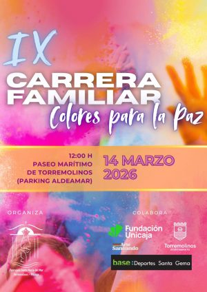 Cartel oficial de la IX Carrera Familiar Colores para la Paz, 14 de marzo de 2026 en el Paseo Marítimo de Torremolinos